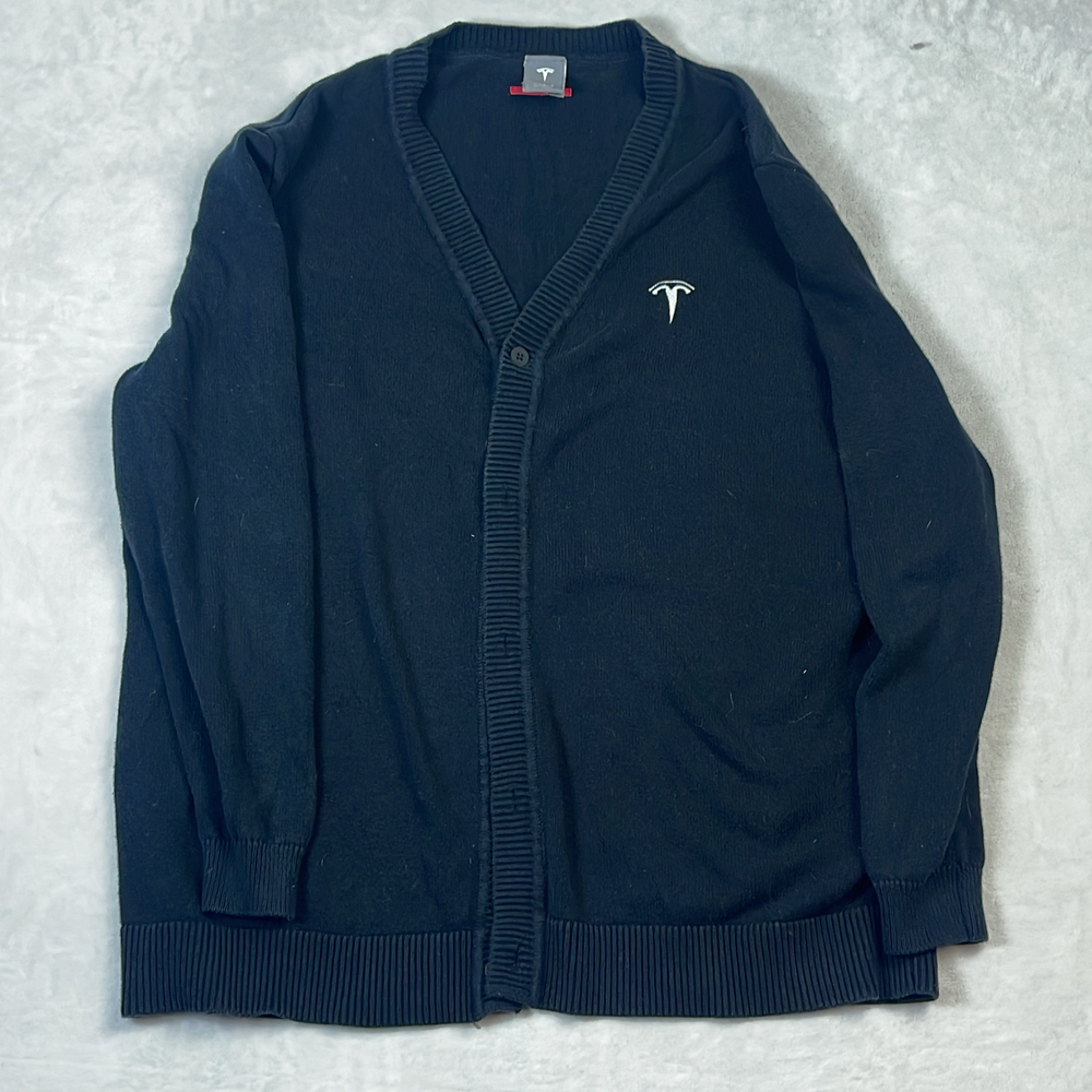 Tesla Motor Company Men's Black Cardigan Sweater Size XL Embroidered Logo Knit